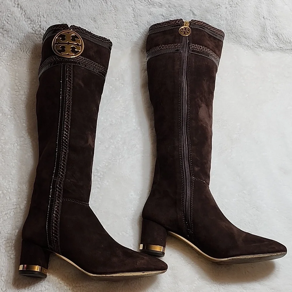 Tory Burch Uma Brown Genuine Suede Knee High Full Zip Trim Riding Boots Sz 7 - Picture 4 of 16